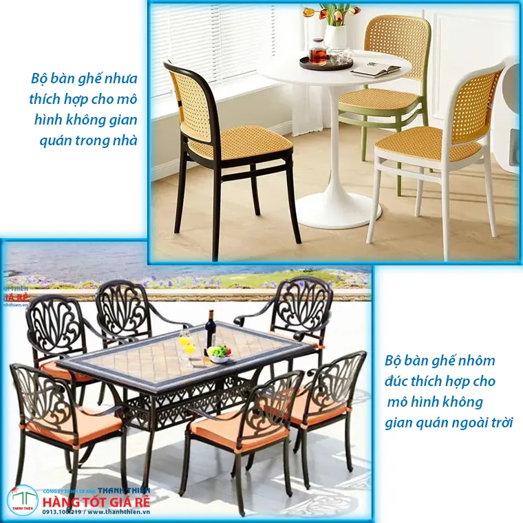 So sánh nội thất nhà hàng ngoài trời và trong nhà Bộ bàn ghế trong nhà và bộ nội thất nhà hàng ngoài trời nhôm đúc mặt đá đặt cạnh nhau