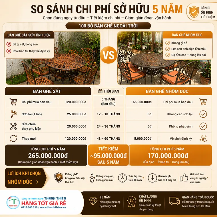 Chi phí sở hữu 5 năm nhôm đúc thấp hơn sắt So sánh chi phí sở hữu 5 năm giữa bàn ghế sắt và bàn ghế nhôm đúc không gỉ