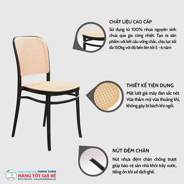 Thông số kỹ thuật ghế nhà hàng nhựa PP Thông số kỹ thuật ghế nhà hàng — tải trọng 150kg, độ bền 5–6 năm