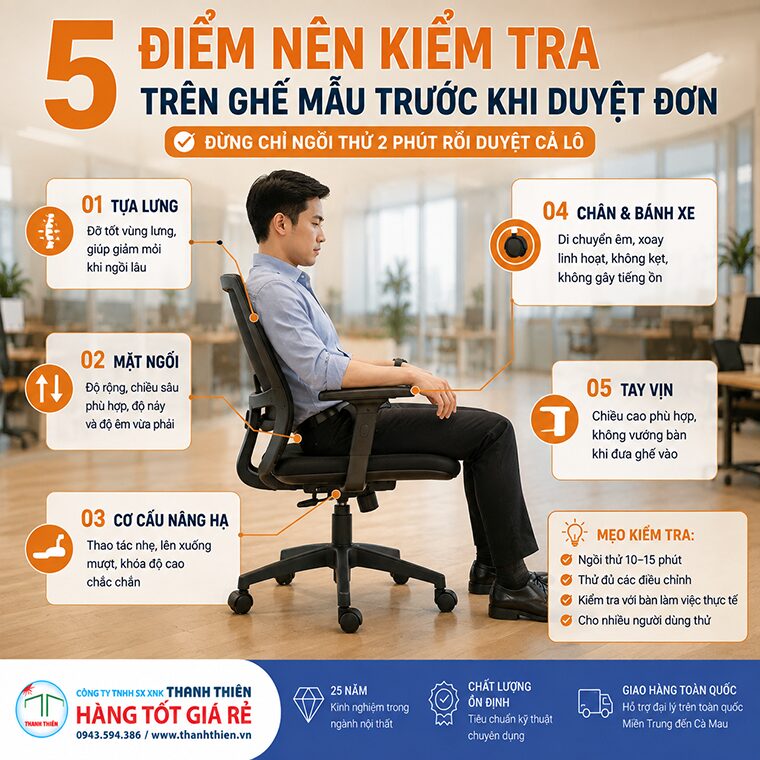 Đừng chỉ ngồi thử 2 phút rồi duyệt cả lô ghế nhân viên Infographic 5 điểm kiểm tra trên ghế nhân viên mẫu trước khi duyệt đơn hàng lớn